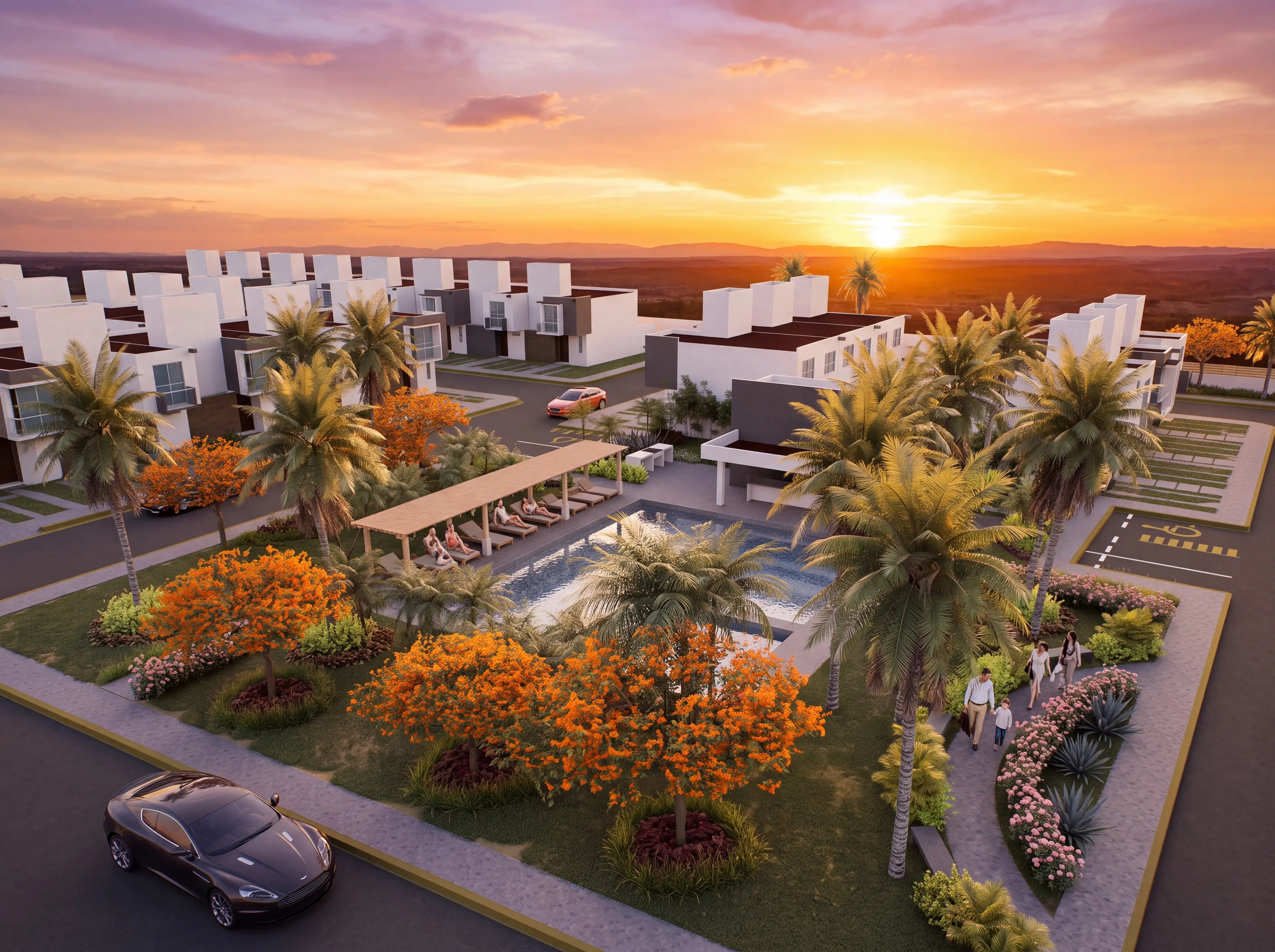 Vista aérea de jardines, alberca y casas al atardecer