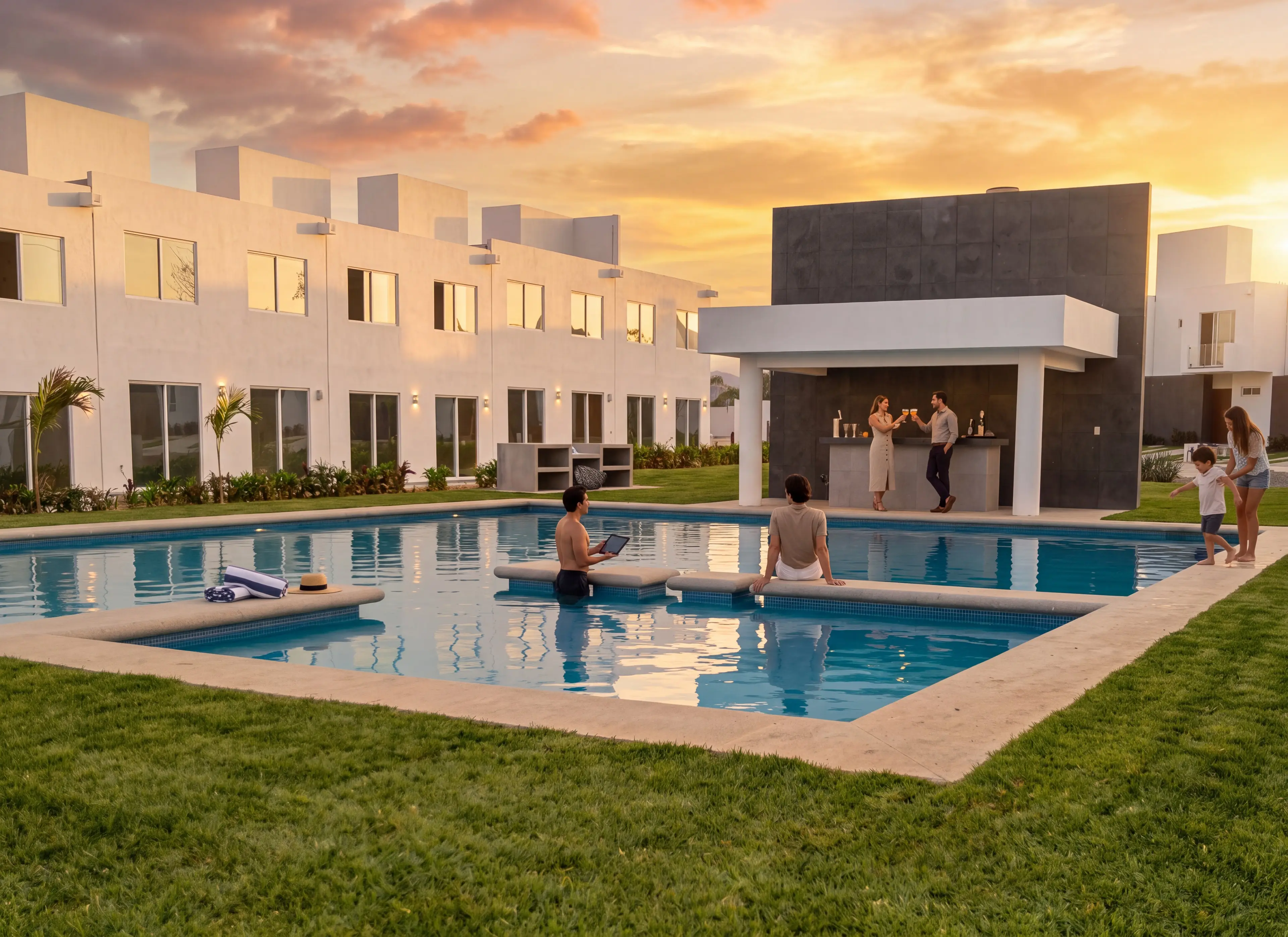 Alberca con bar junto a las casas, al atardecer