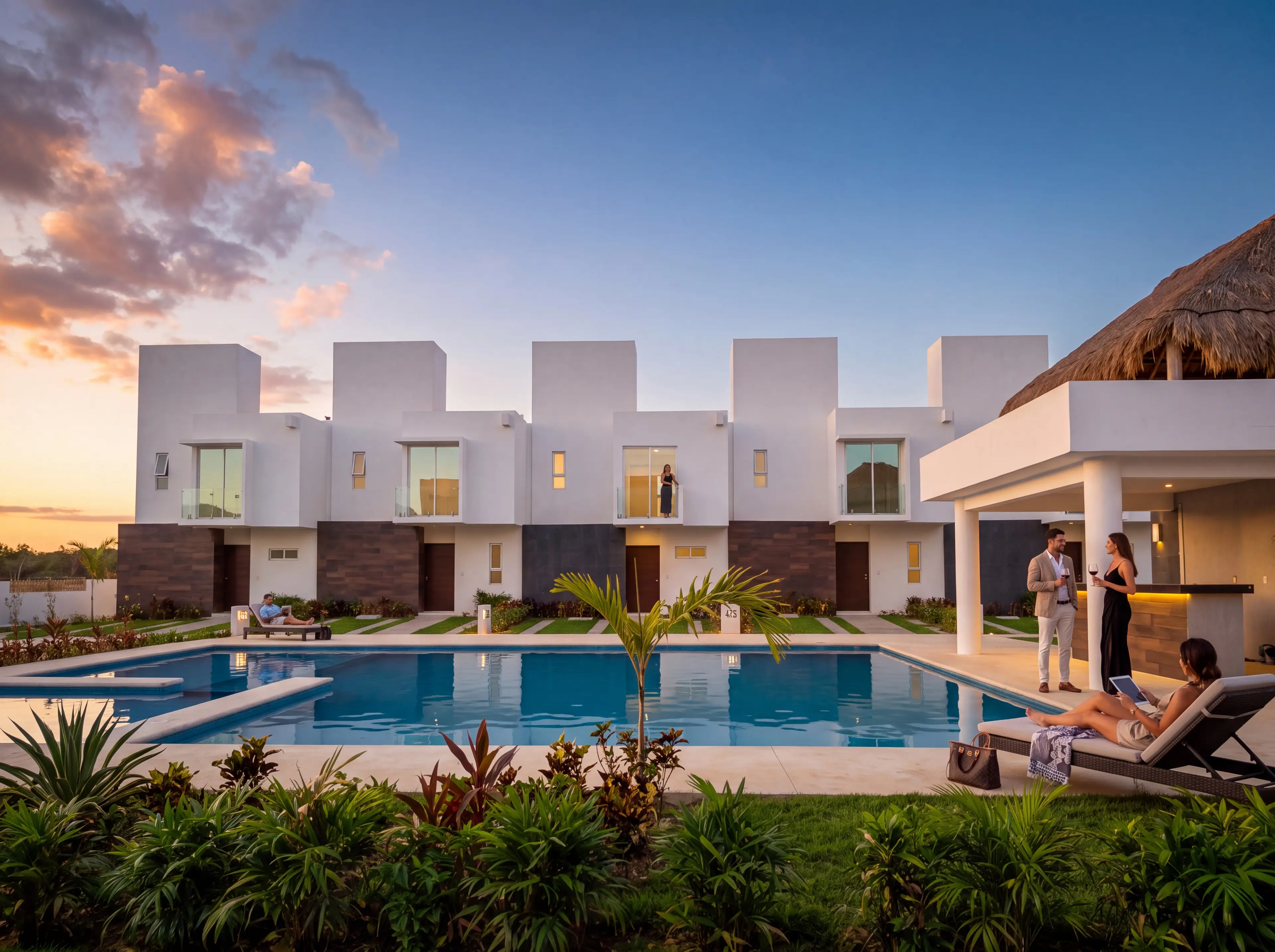 Casa Obsidiana frente a la alberca, al atardecer
