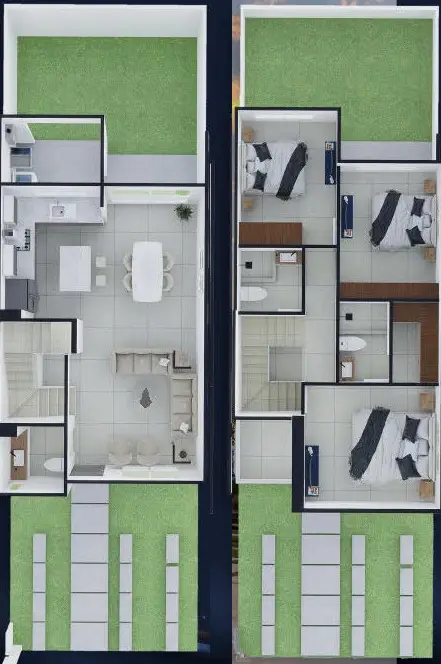 Plano de la Casa Diamante: planta baja con sala, comedor y cocina con isla y planta alta con tres recámaras