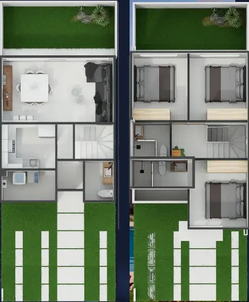 Plano de la Casa Obsidiana: planta baja con sala, comedor y cocina y planta alta con tres recámaras